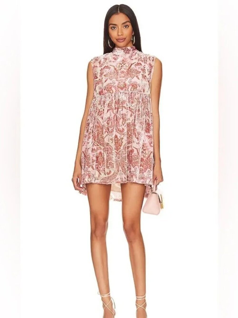 Free People All The Time Velvet Mini Dress Petal Pink Paisley Babydoll Womens XS